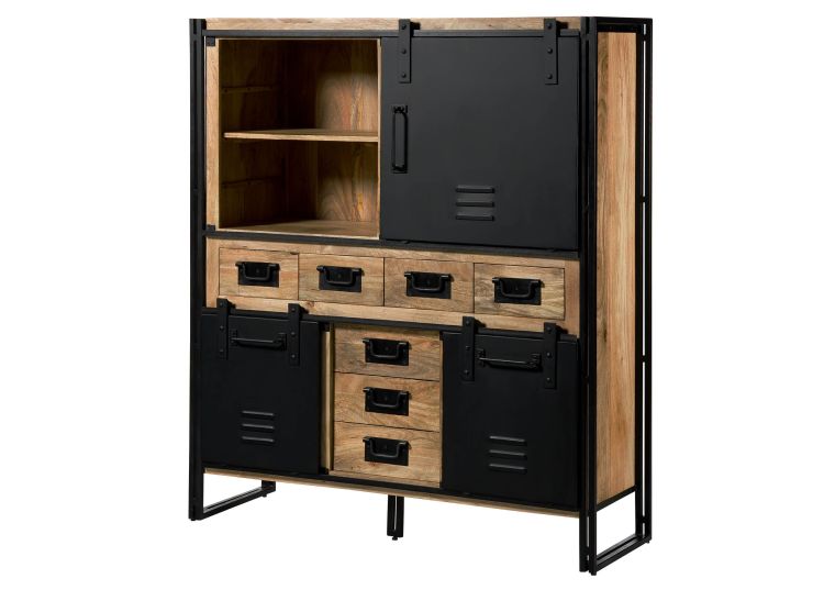 Buffet en bois de Manguier 140x45x160  laqué naturel clair / métal noir BLACKBURN #557