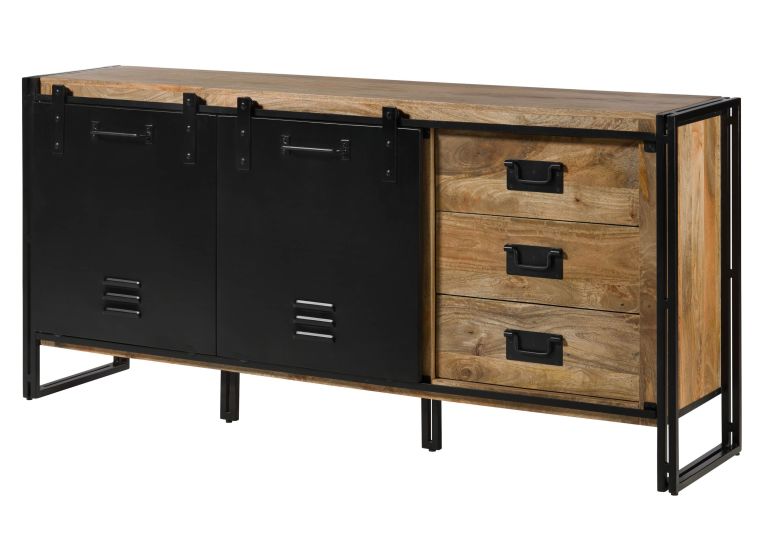 Buffet en bois de manguier 195x45x90 laqué naturel clair / Métal noir BLACKBURN #107