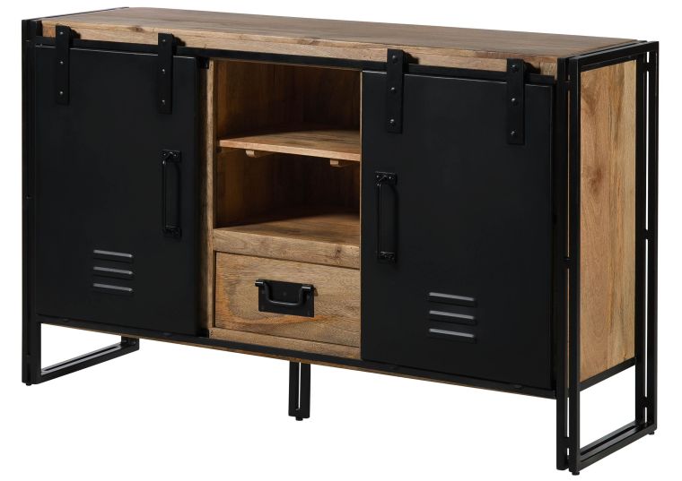 Buffet en bois de Manguier 150x45x90 laqué naturel clair / métal noir BLACKBURN #111