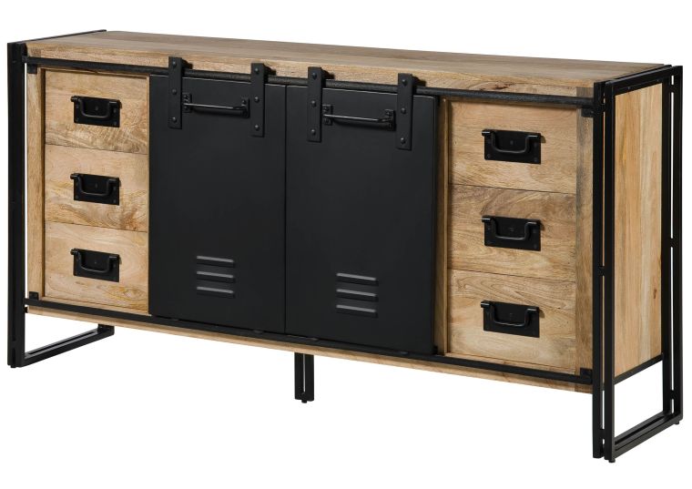 Buffet en bois de Manguier 180x45x90  laqué naturel clair / métal noir BLACKBURN #551