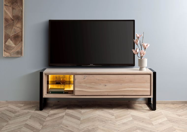 Meuble TV en bois dacacia / bois de récupération 180x40x60 naturel laqué DENVER #115