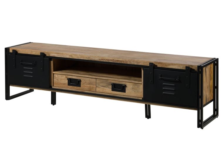 Meuble TV en bois de manguier 220x45x55 laqué naturel clair / Métal noir BLACKBURN #112