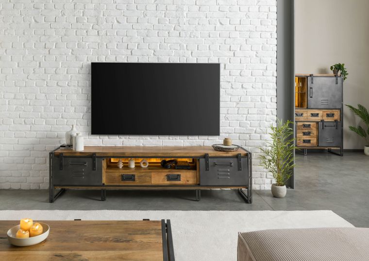 Meuble TV en bois de Manguier / Bois de récupération 220x45x55 naturel laqué / métal gris BLACKBURN LUX #412