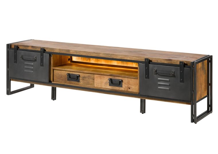 Meuble TV en bois de Manguier / Bois de récupération 220x45x55 naturel laqué / métal gris BLACKBURN LUX #412