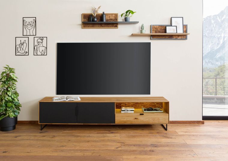 Meuble TV  220x43x51 en bois de chêne sauvage avec porte vitrée huilé naturel LINDAU #126