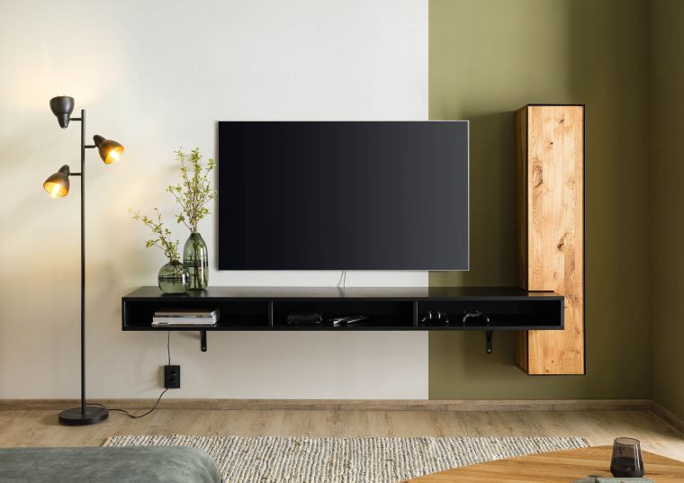 Ensemble meuble TV  251x49x140 en bois de chêne sauvage naturel huilé  / noir laqué  STARNBERG #09